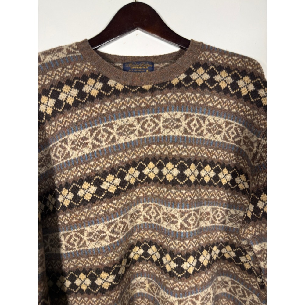 Brooks Brothers Mens Large Brown Fair Isle 100% Lambswool Crewneck Sweater